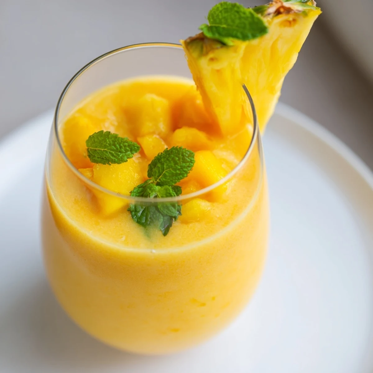 Refreshing pineapple mango smoothie recipe served in tall glasses with ice and mint leaf garnish