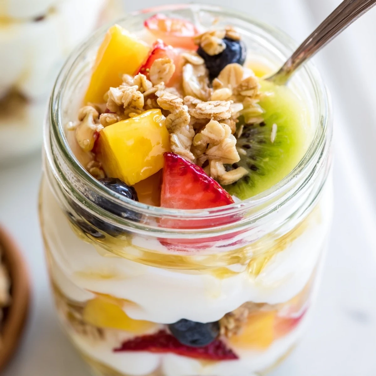 Breakfast table setting featuring creamy yogurt parfait recipe with honey, berries, and mango