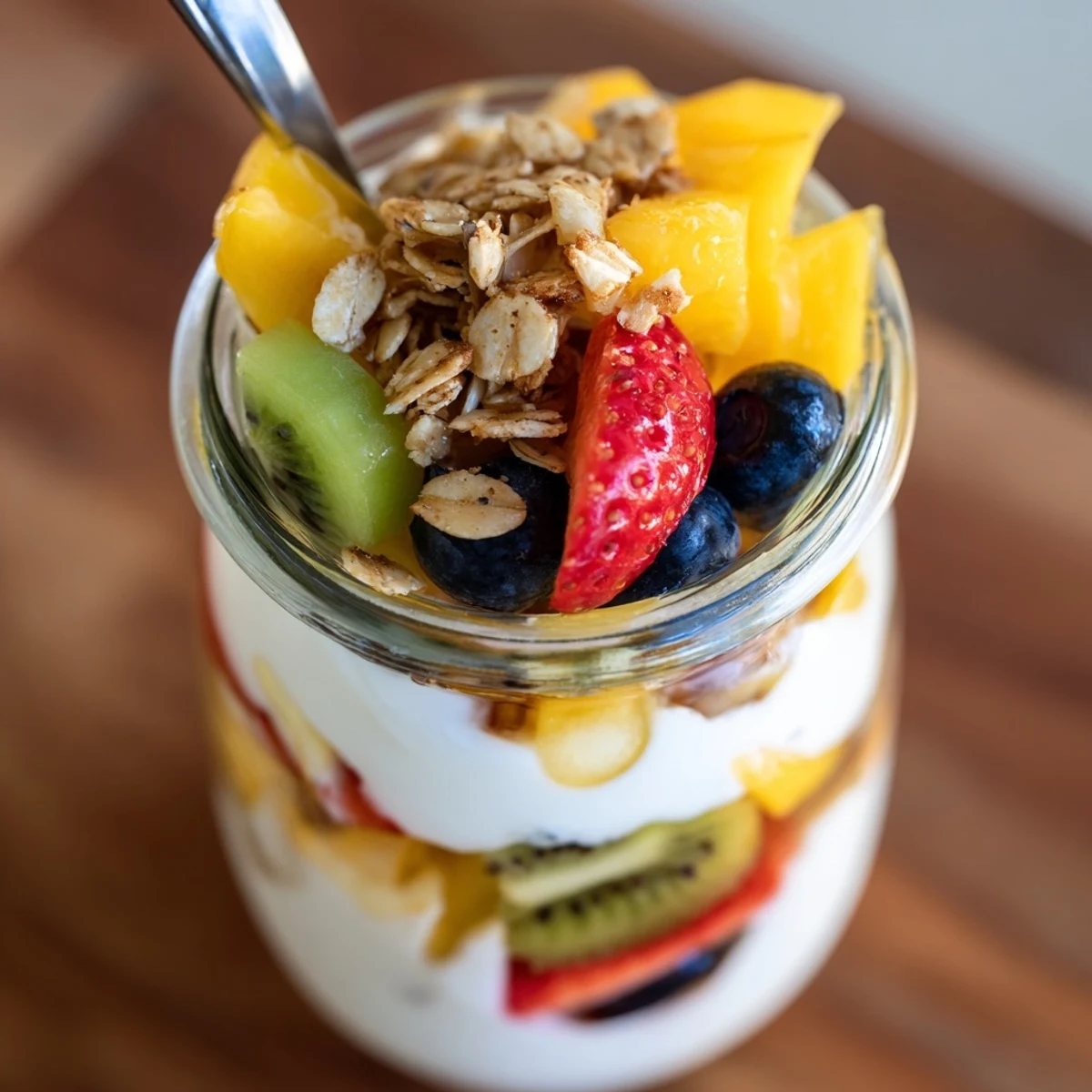 Glass jar displaying layered yogurt parfait recipe with honey and fresh colorful fruits