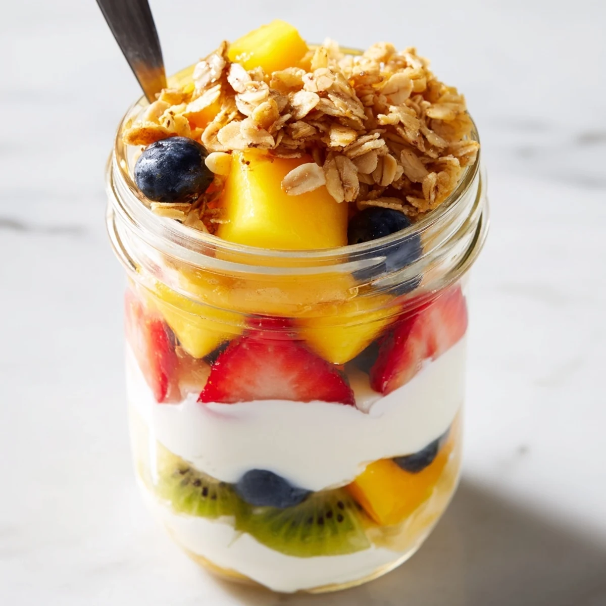 Clear parfait cup filled with Greek yogurt parfait recipe with honey and sliced kiwi