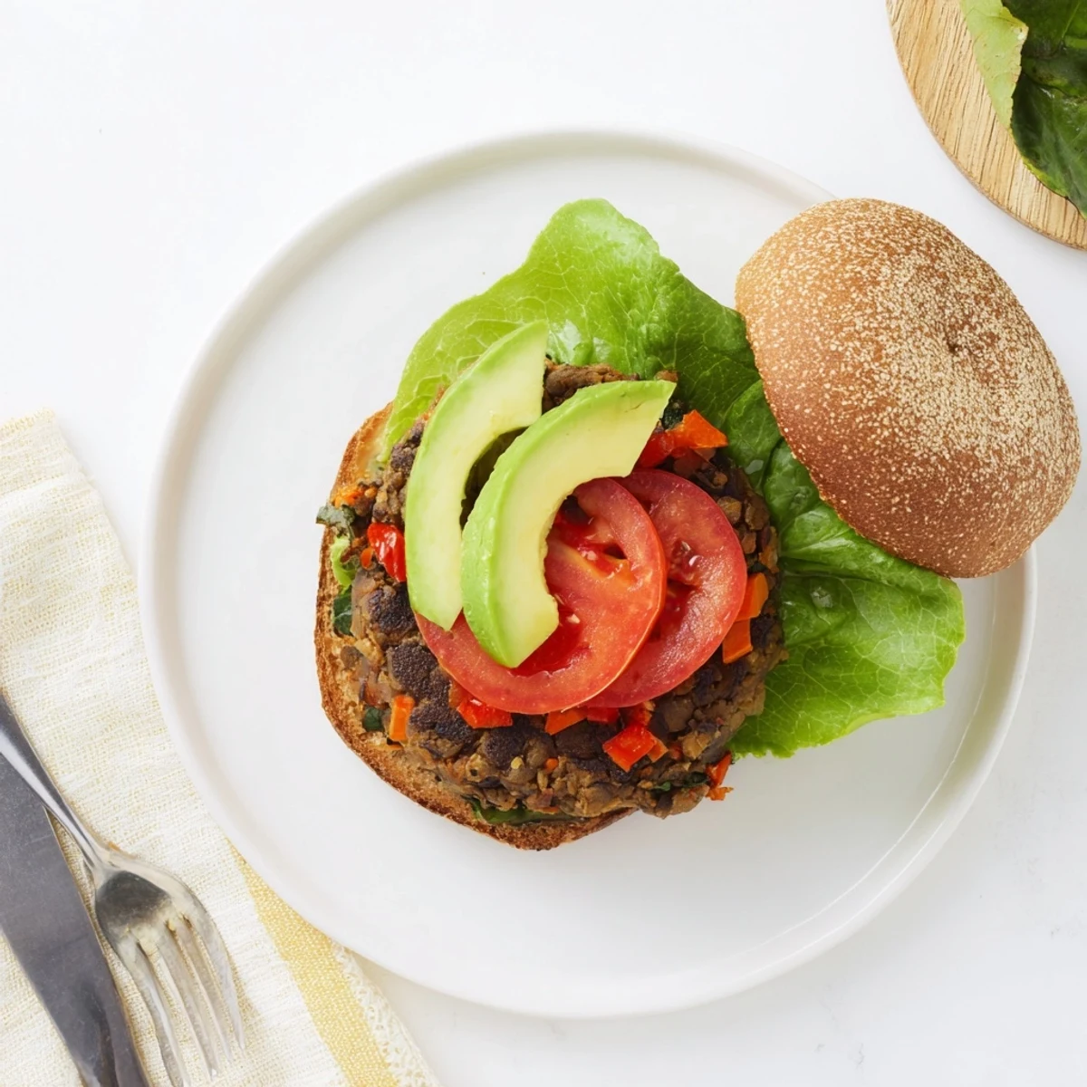Golden brown veggie burgers stacked on toasted buns with fresh lettuce and ripe tomato slices