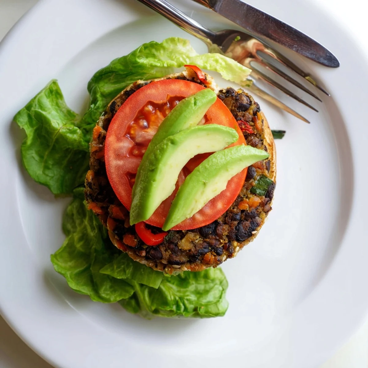 Plant-based veggie burgers served on sesame seed buns topped with creamy avocado and crisp pickles