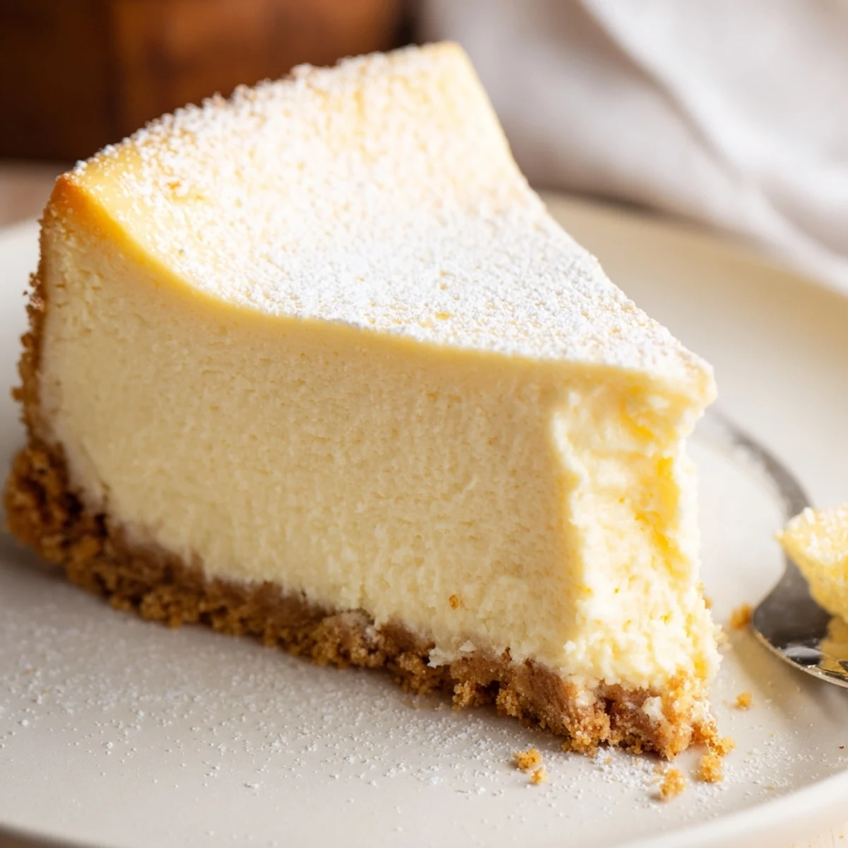 Slice of Classic Cheesecake resting chilled, soft jiggle visible, served with coffee.