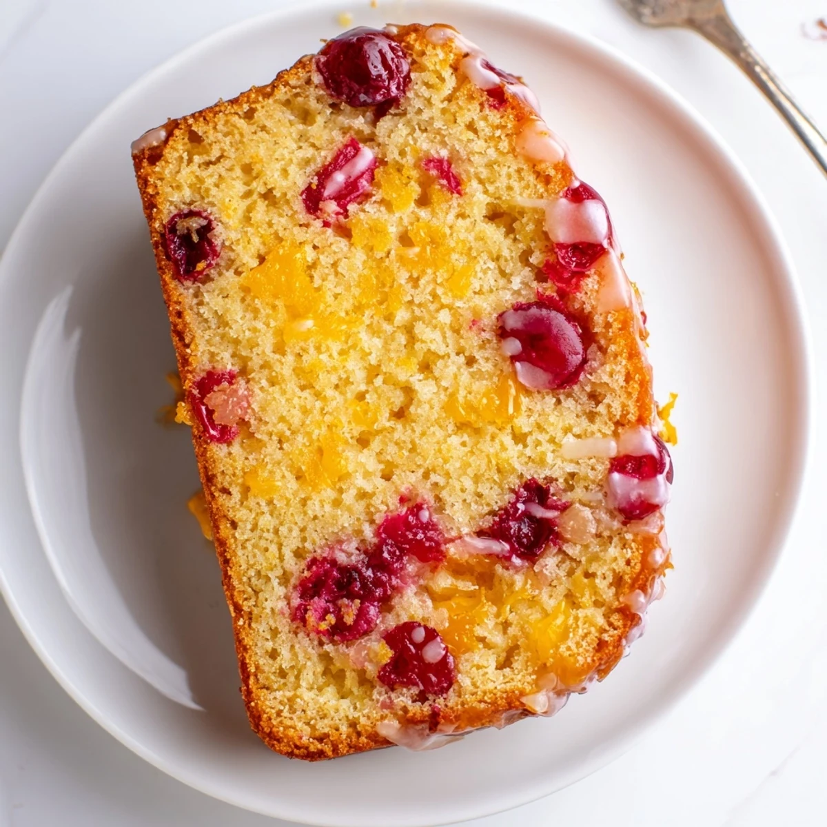 Warm Cranberry Orange Bread with zesty orange glaze and toasted walnut crumbs