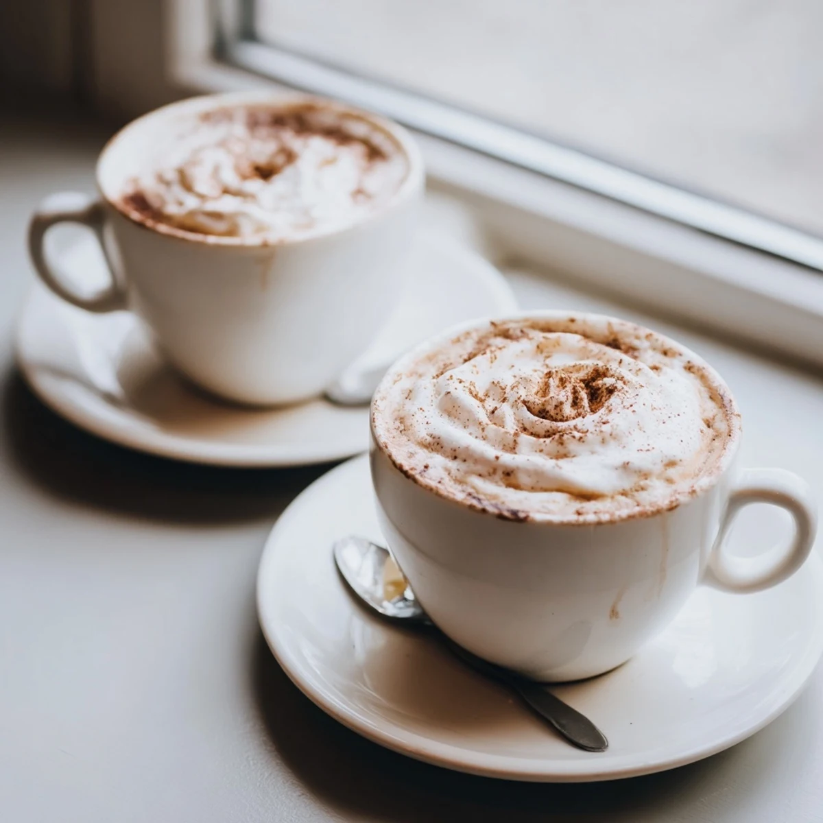 Two steaming Cozy Winter Lattes in mugs, fragrant spices and maple
