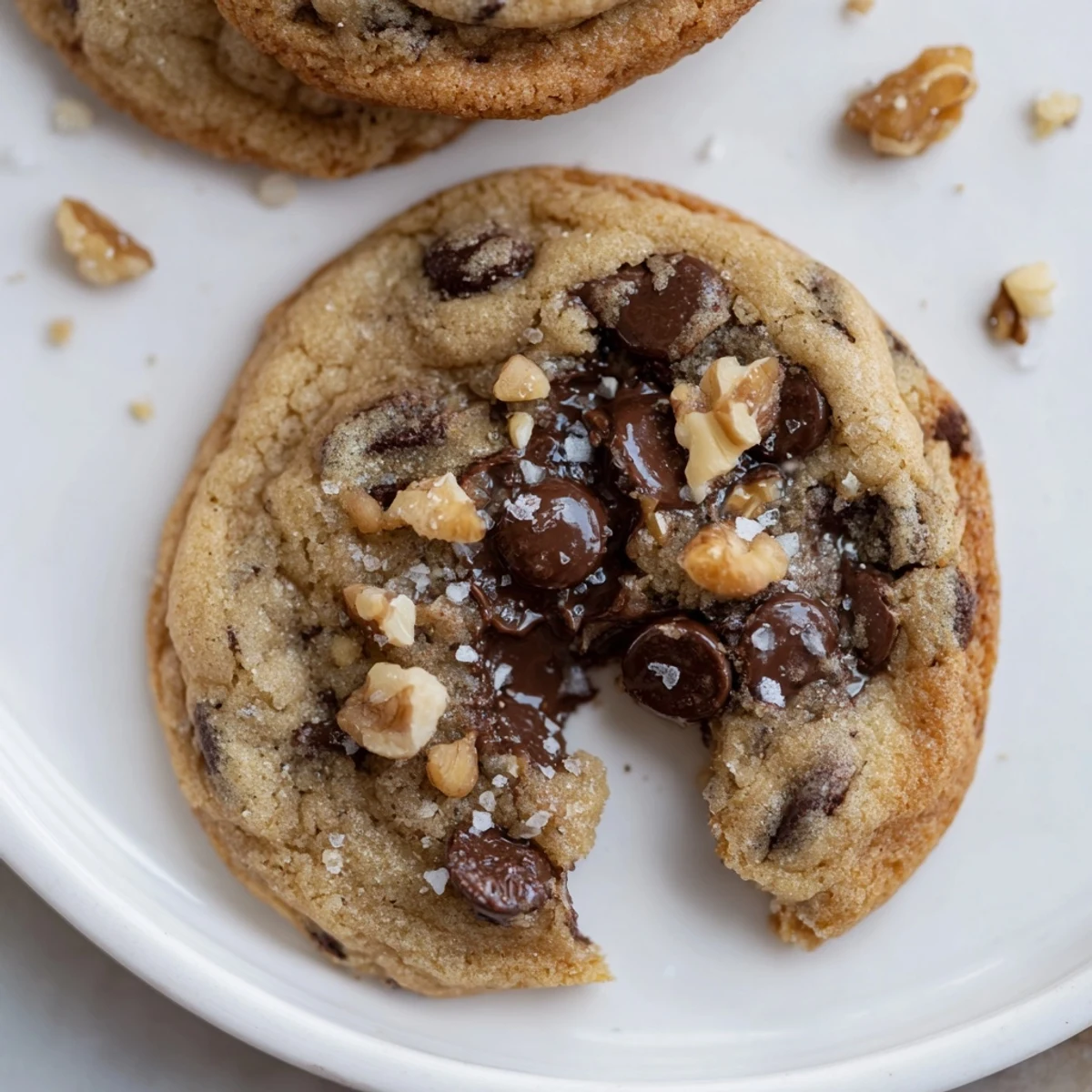 Fresh-baked Chocolate Chip Cookies on parchment, sprinkle of flaky sea salt, inviting