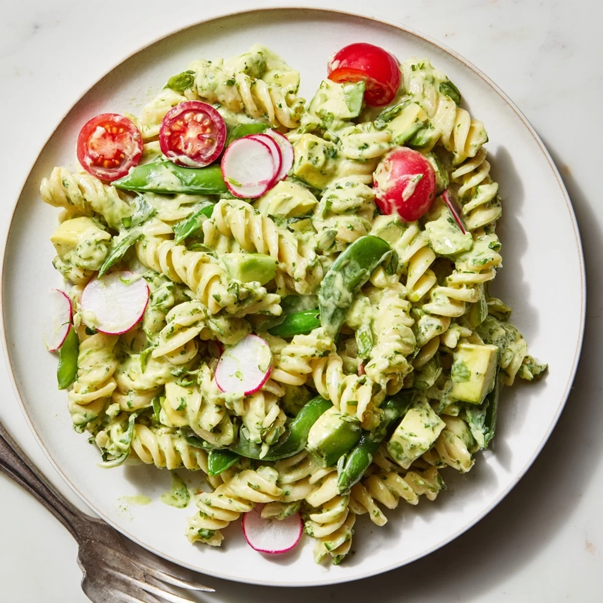 Green Goddess Pasta Salad piled in bowl, creamy herbed dressing glistening