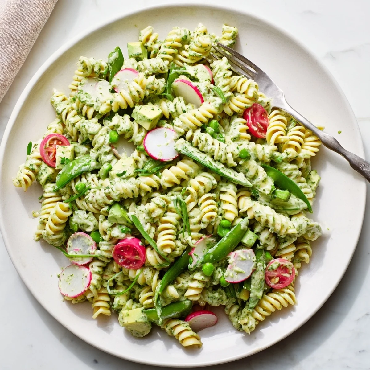 Picnic-ready Green Goddess Pasta Salad topped with chopped chives and parsley