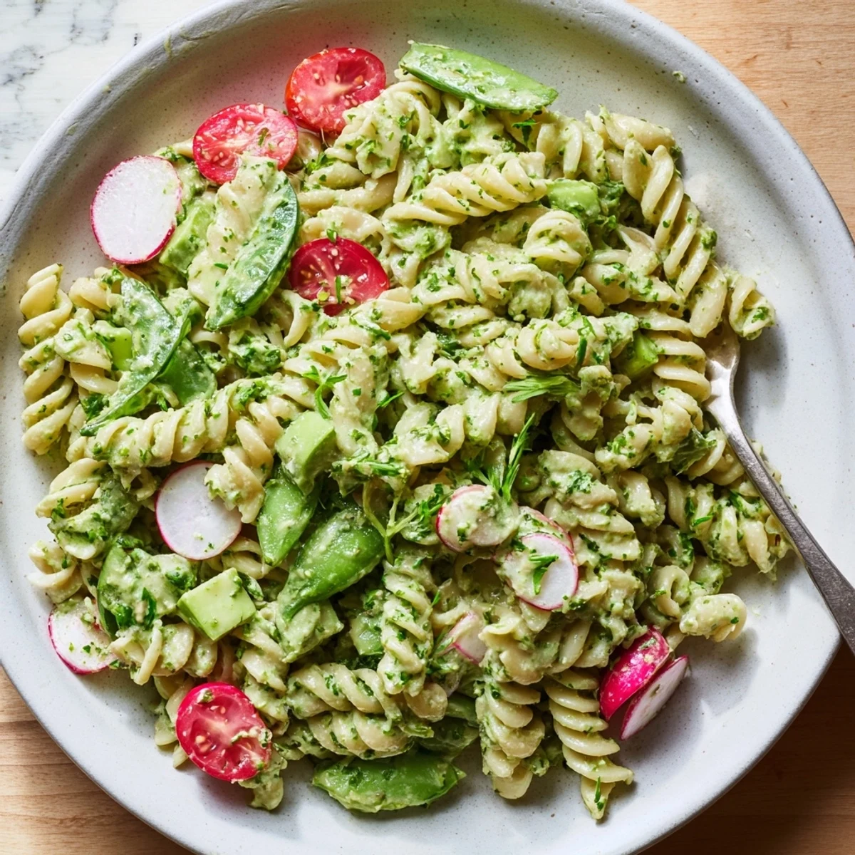 Chilled Green Goddess Pasta Salad with crisp snap peas and tomatoes