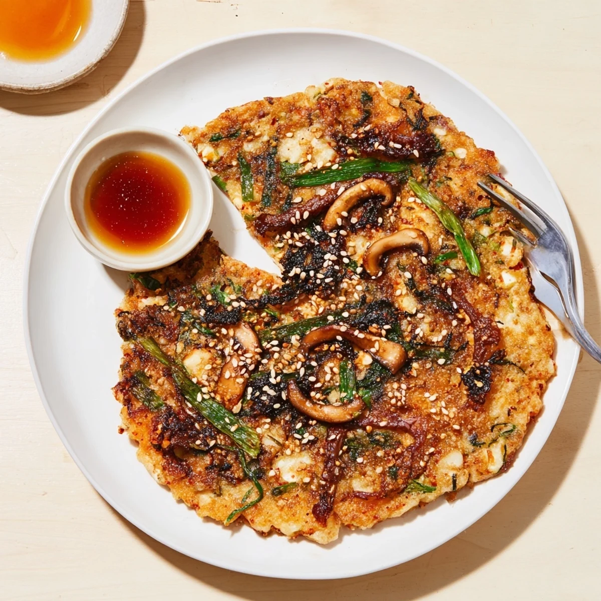 Crispy Vegan Kimchi Pancake With Tamari Mushrooms topped with scallions and glaze.