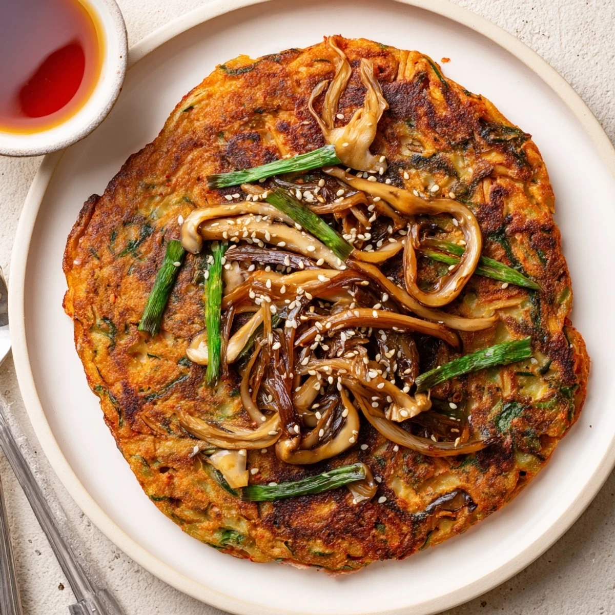 Warm Vegan Kimchi Pancake With Tamari Mushrooms served with tangy tamari maple dipping sauce.