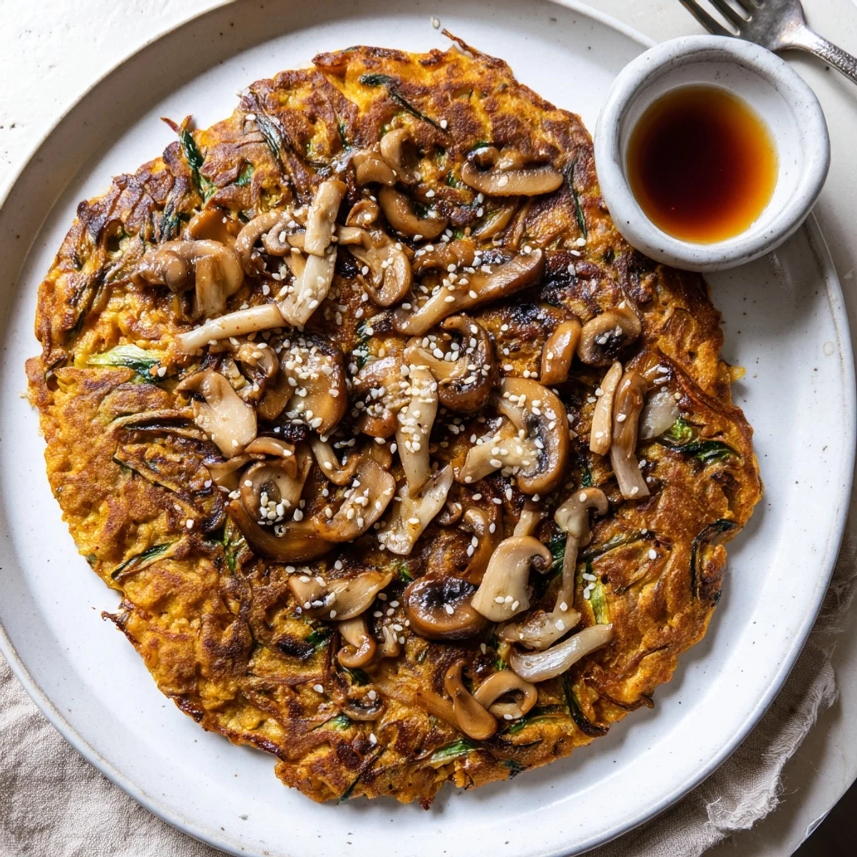 Skillet seared Vegan Kimchi Pancake With Tamari Mushrooms, savory umami topping and scallions.