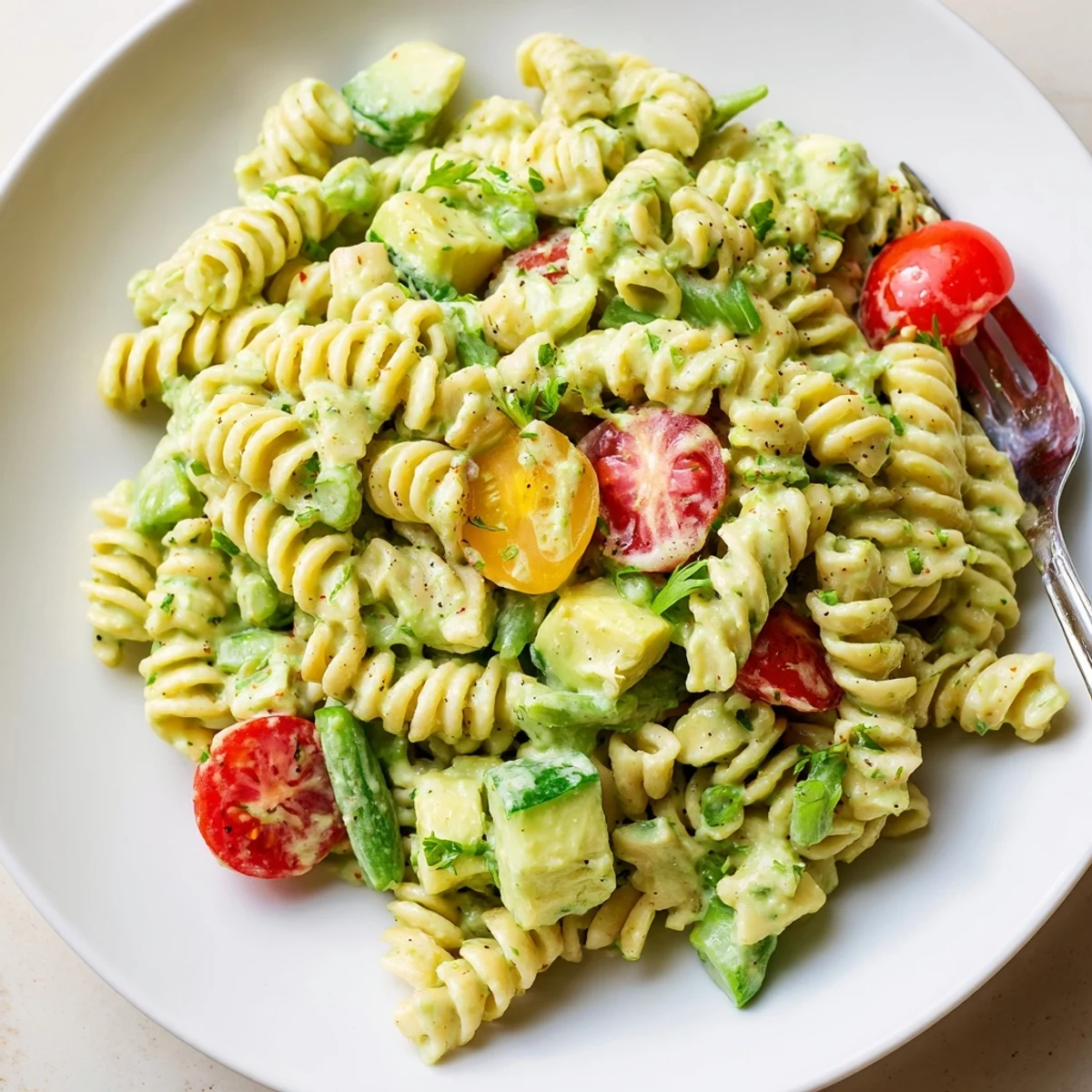 Green Goddess Pasta Salad with creamy herb dressing, cherry tomatoes and avocado