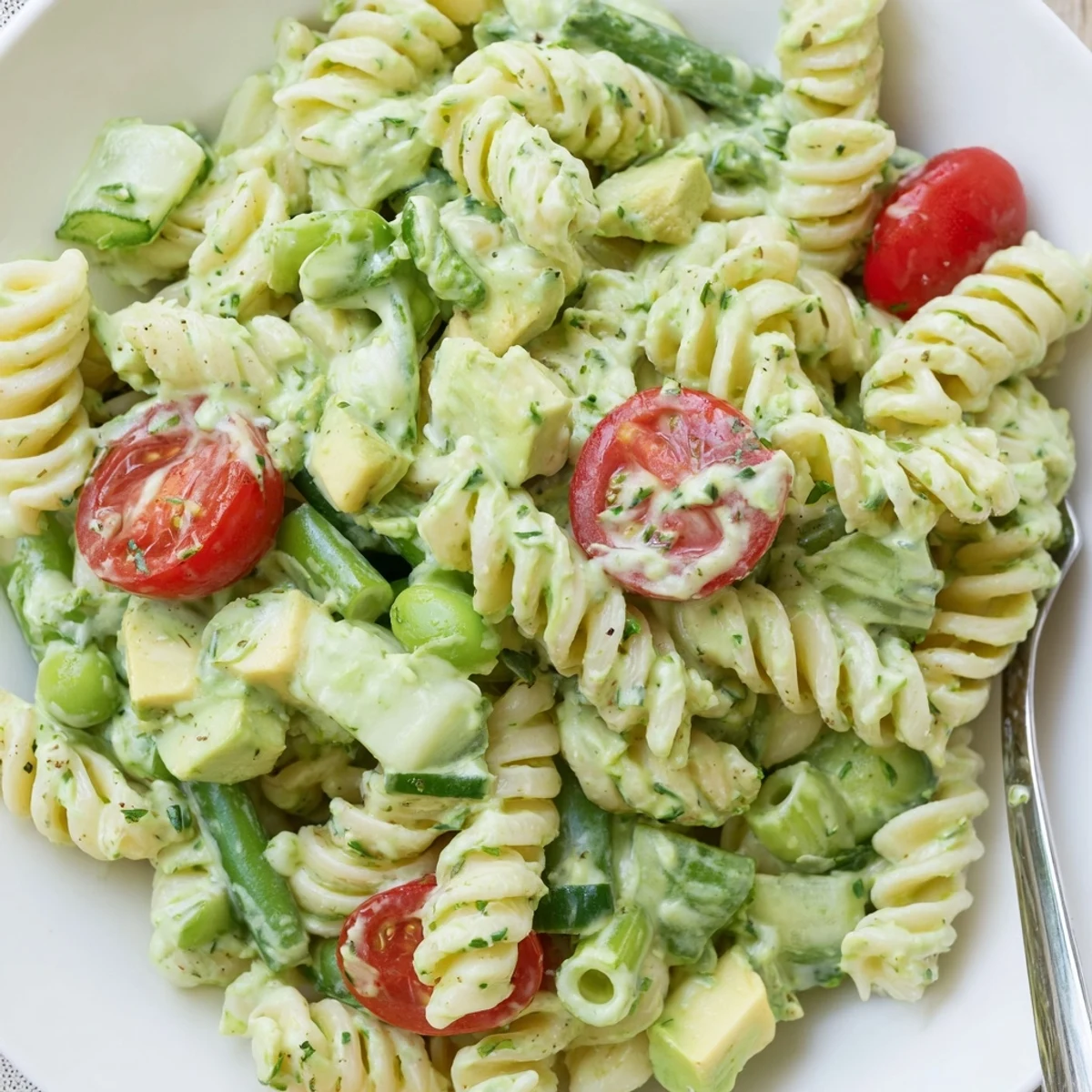 Chilled Green Goddess Pasta Salad tossed with crunchy snap peas and basil
