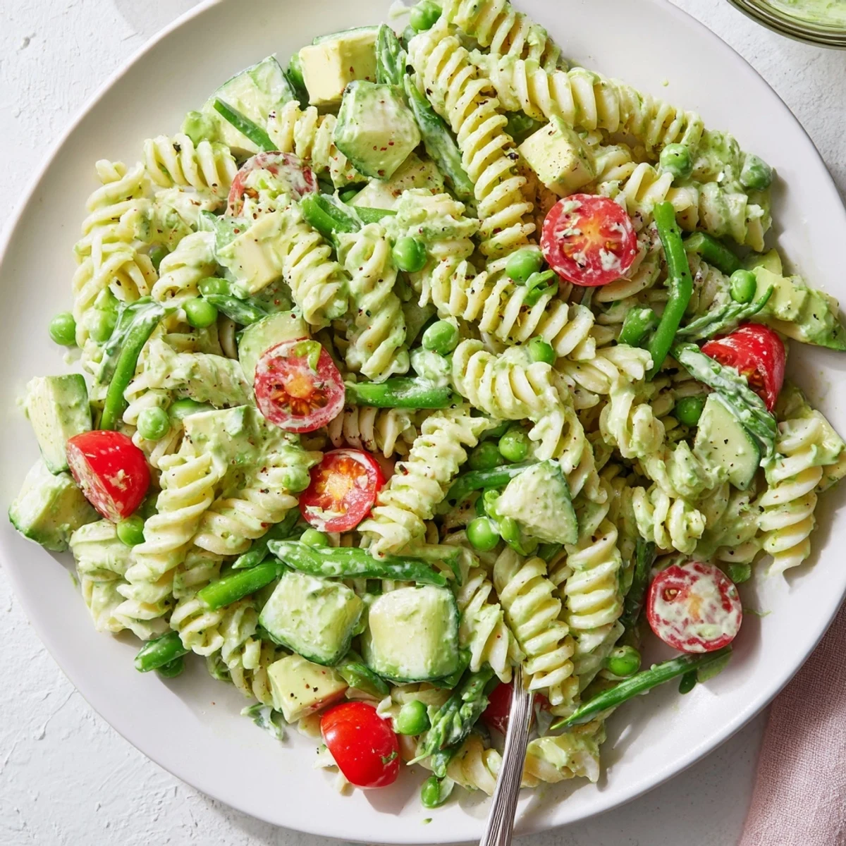 Picnic-ready Green Goddess Pasta Salad glistening in lemony dressing, served in bowl