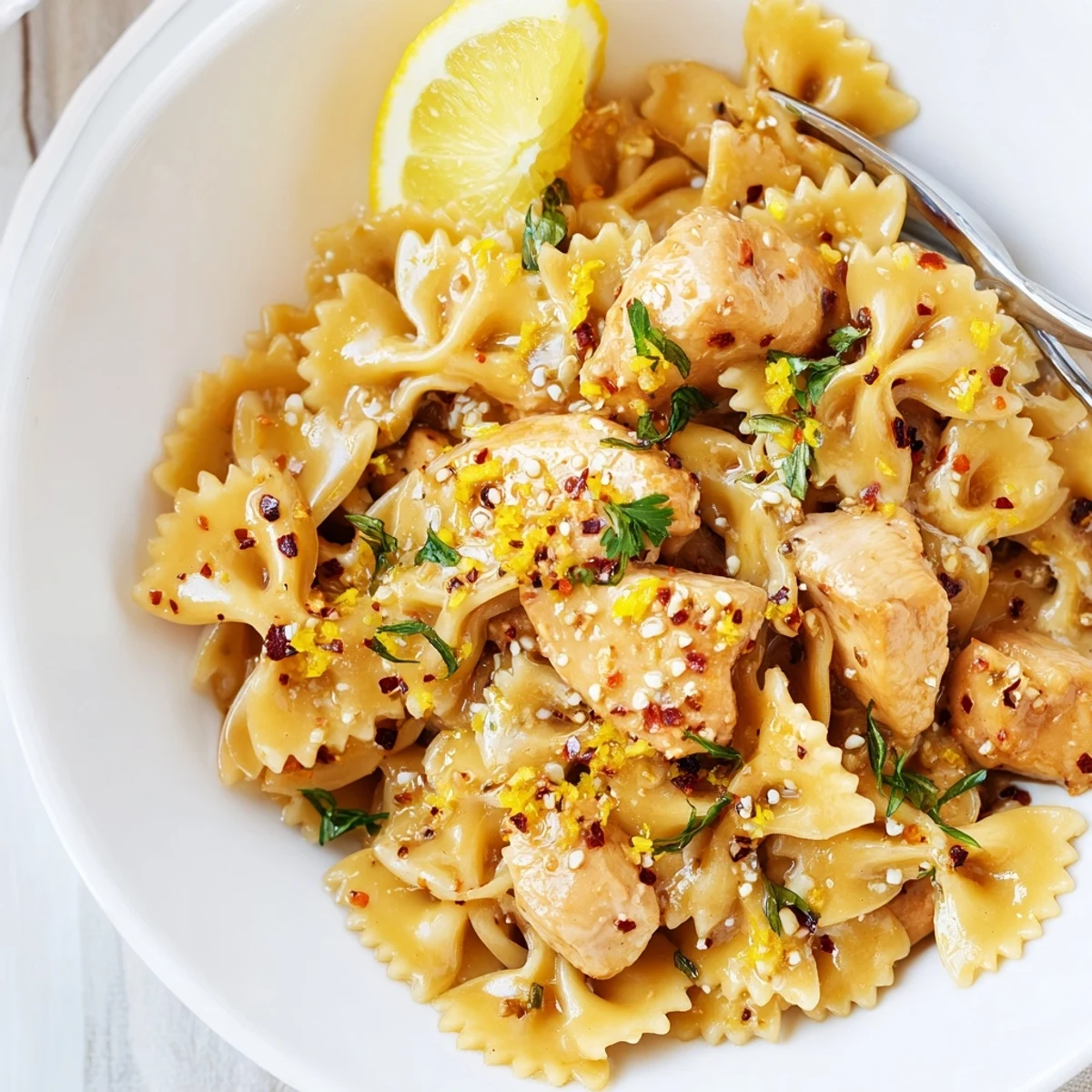 Cowboy Butter Lemon Bowtie Chicken with golden seared pieces and lemon zest