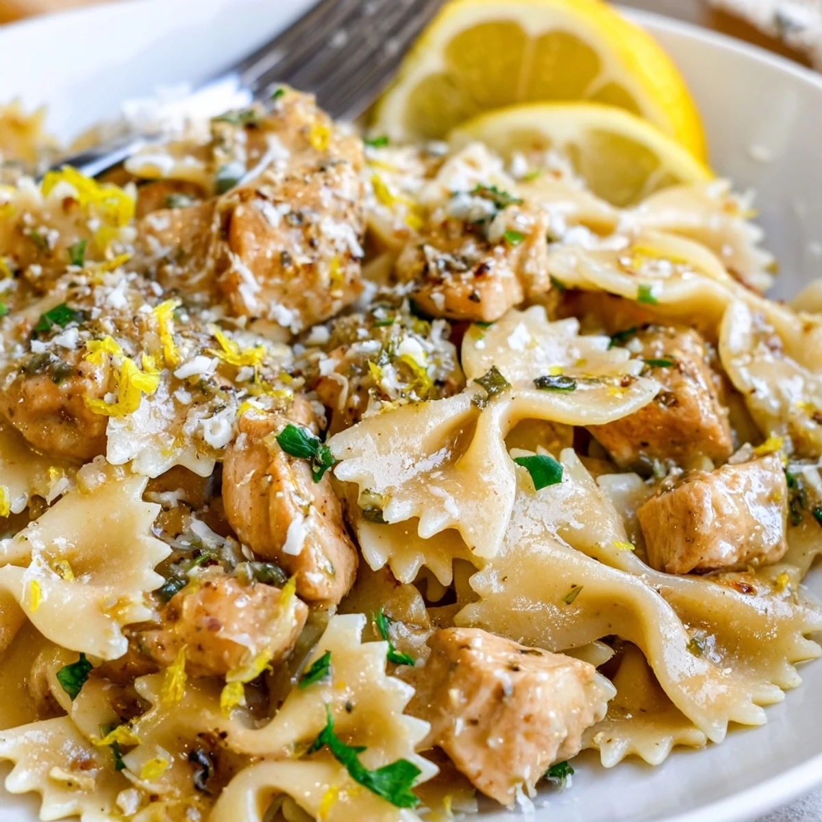Creamy Cowboy Butter Lemon Bowtie Chicken tossed with herbs and garlic aroma