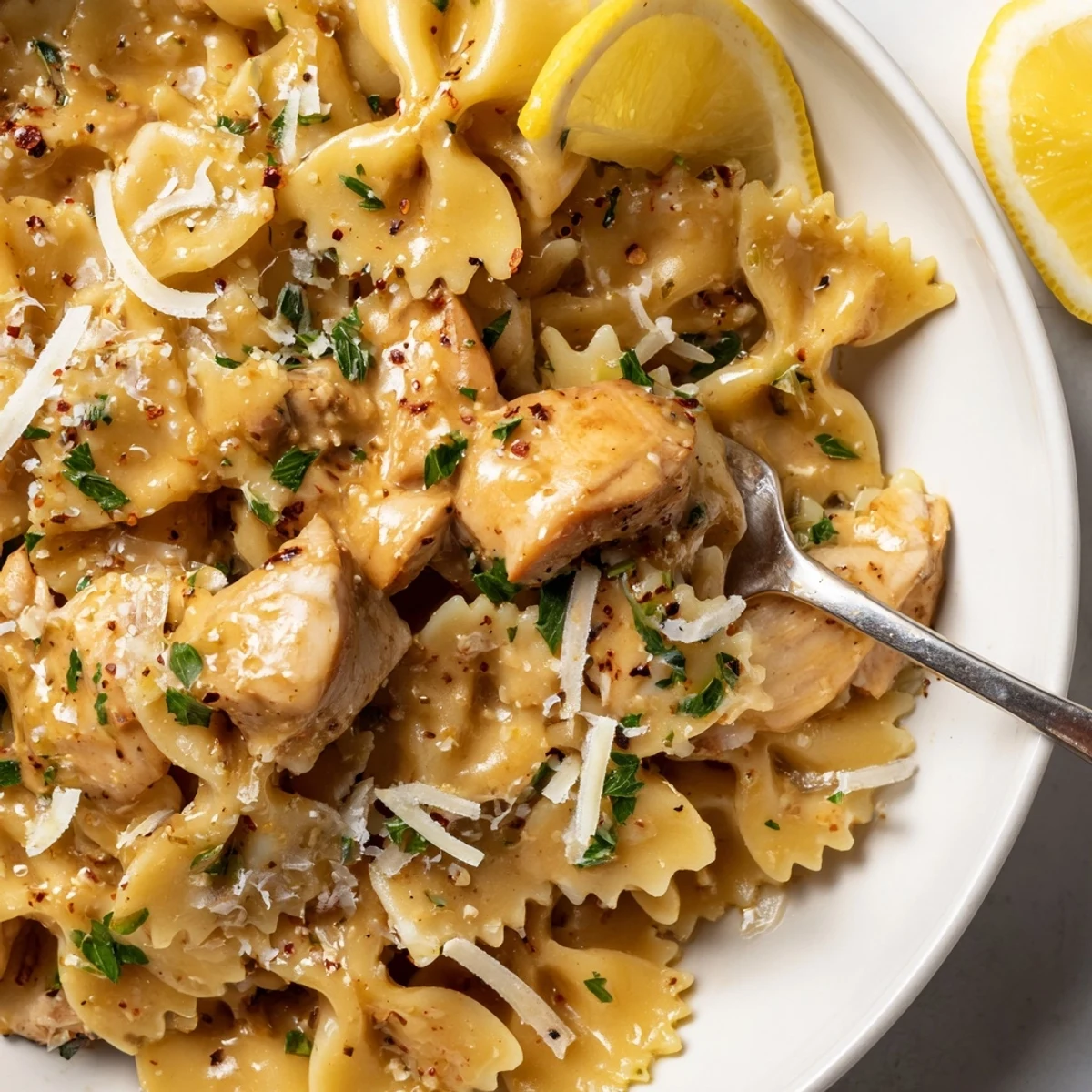 Weeknight Cowboy Butter Lemon Bowtie Chicken piled on plate with lemon wedges