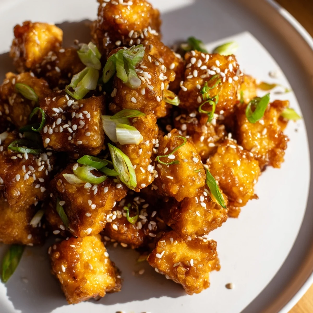 Golden crispy honey garlic tofu cubes glazed in sweet savory sauce with green onion garnish