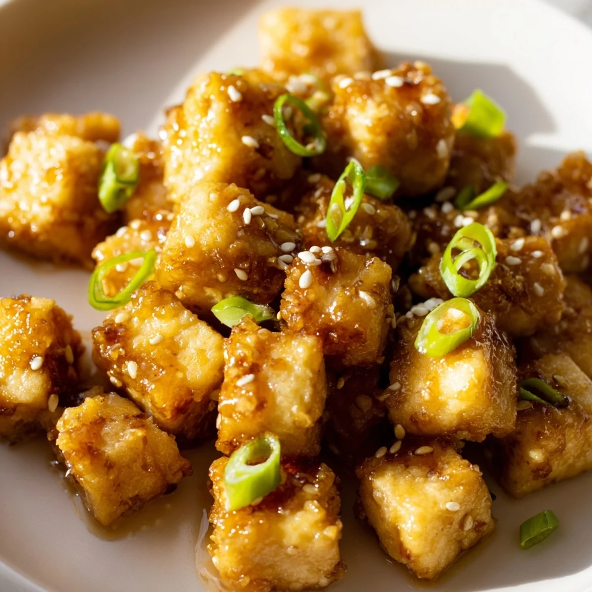 Pan-fried honey garlic tofu served over steaming white rice with sesame seed topping