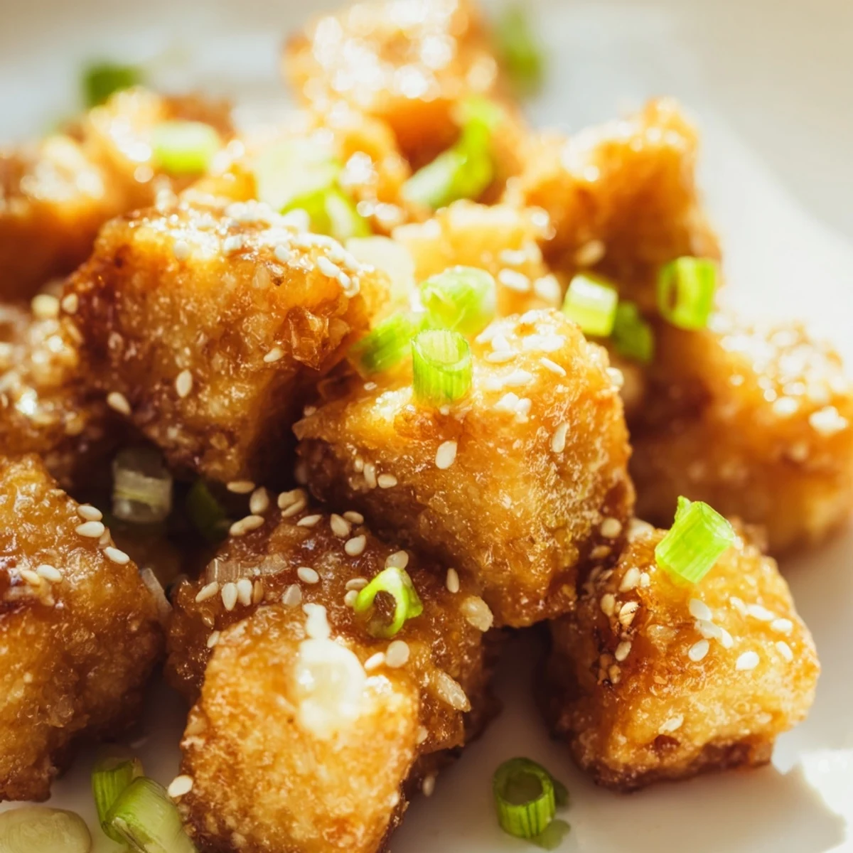 Crispy Asian-inspired tofu pieces coated in thick honey garlic glaze on white serving plate