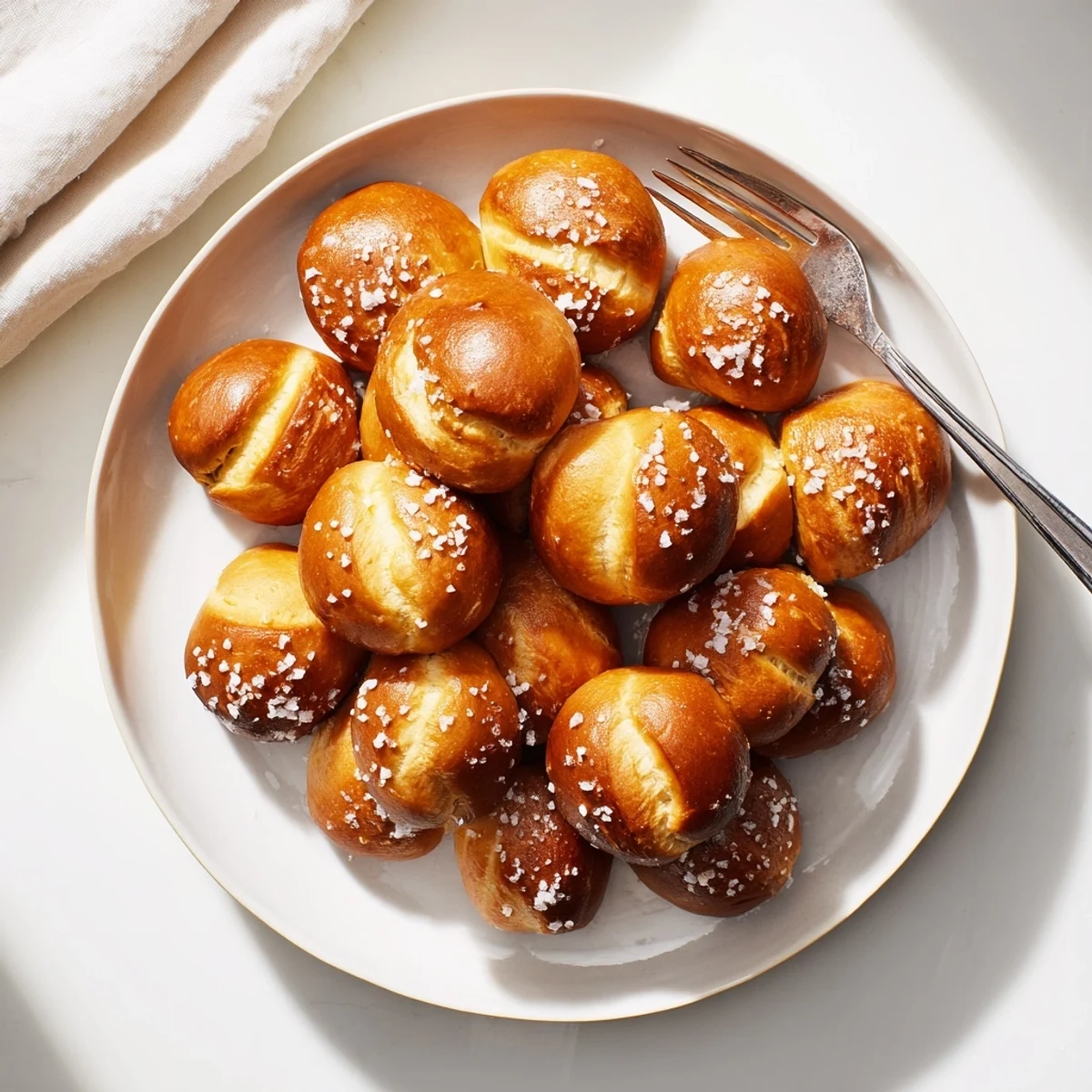 Golden brown homemade soft pretzel bites arranged on a wooden serving board with coarse salt sprinkled on top