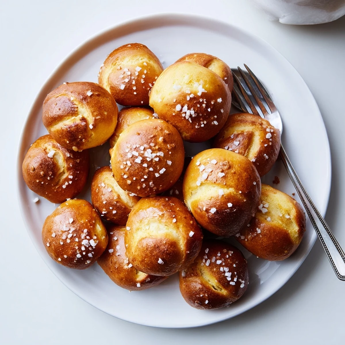 Warm homemade soft pretzel bites served in a white bowl alongside yellow mustard dipping sauce