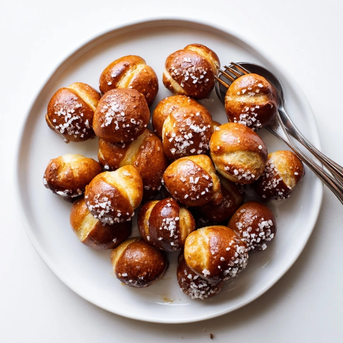 Chewy homemade soft pretzel bites piled high with glistening egg wash and coarse sea salt crystals