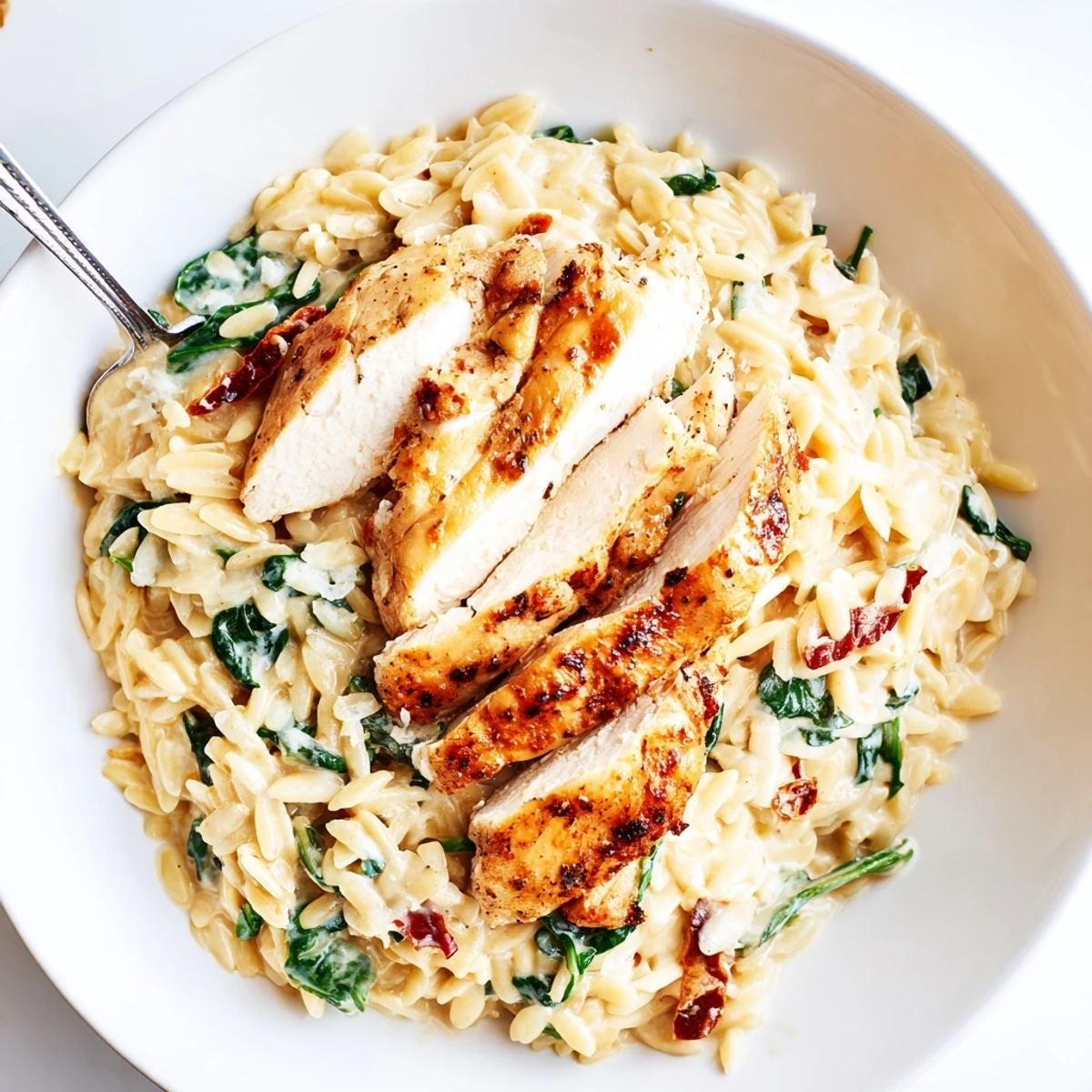 Creamy Marry Me Chicken Orzo with tender sliced chicken in sundried tomato sauce