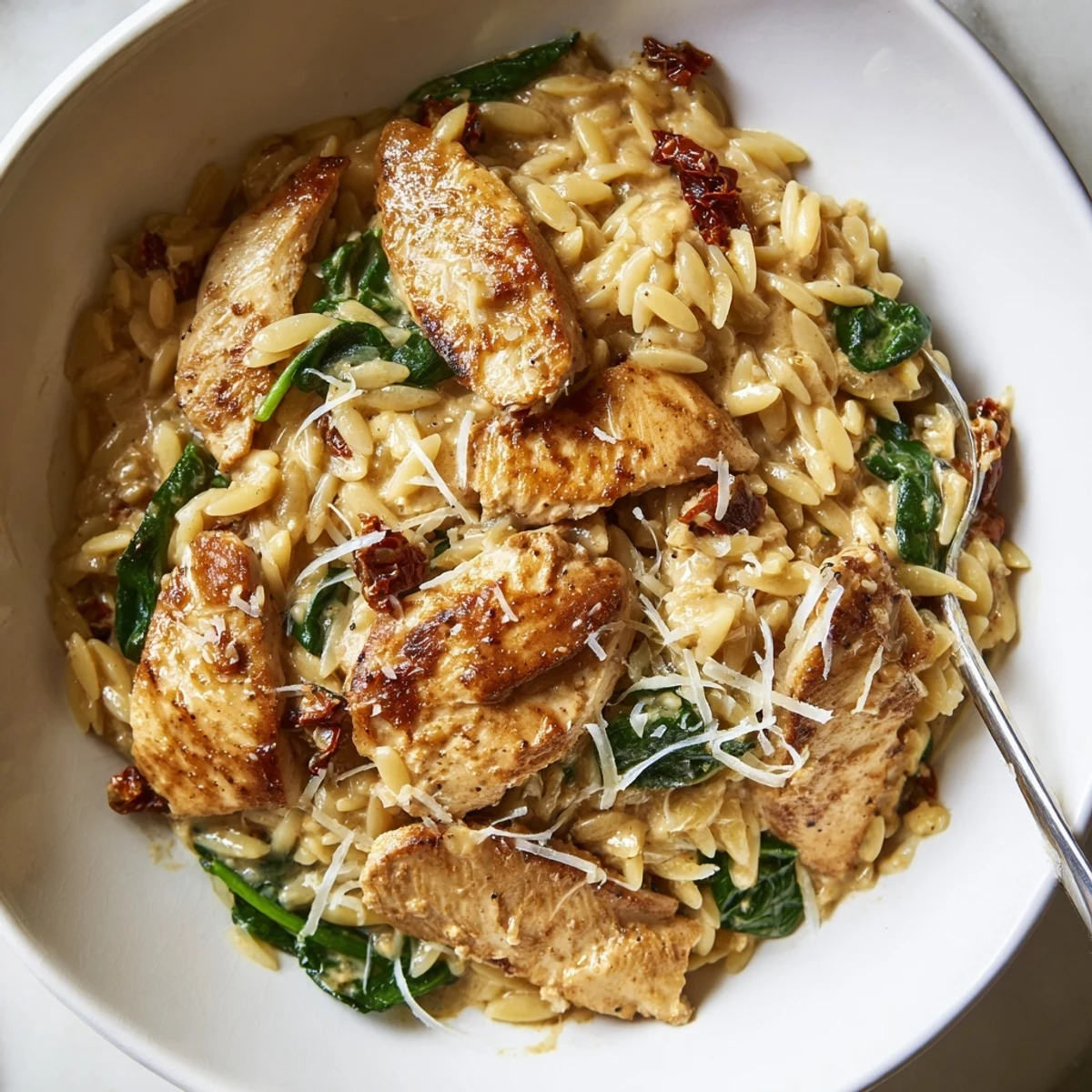 Marry Me Chicken Orzo recipe featuring sliced chicken over creamy parmesan orzo with fresh basil garnish