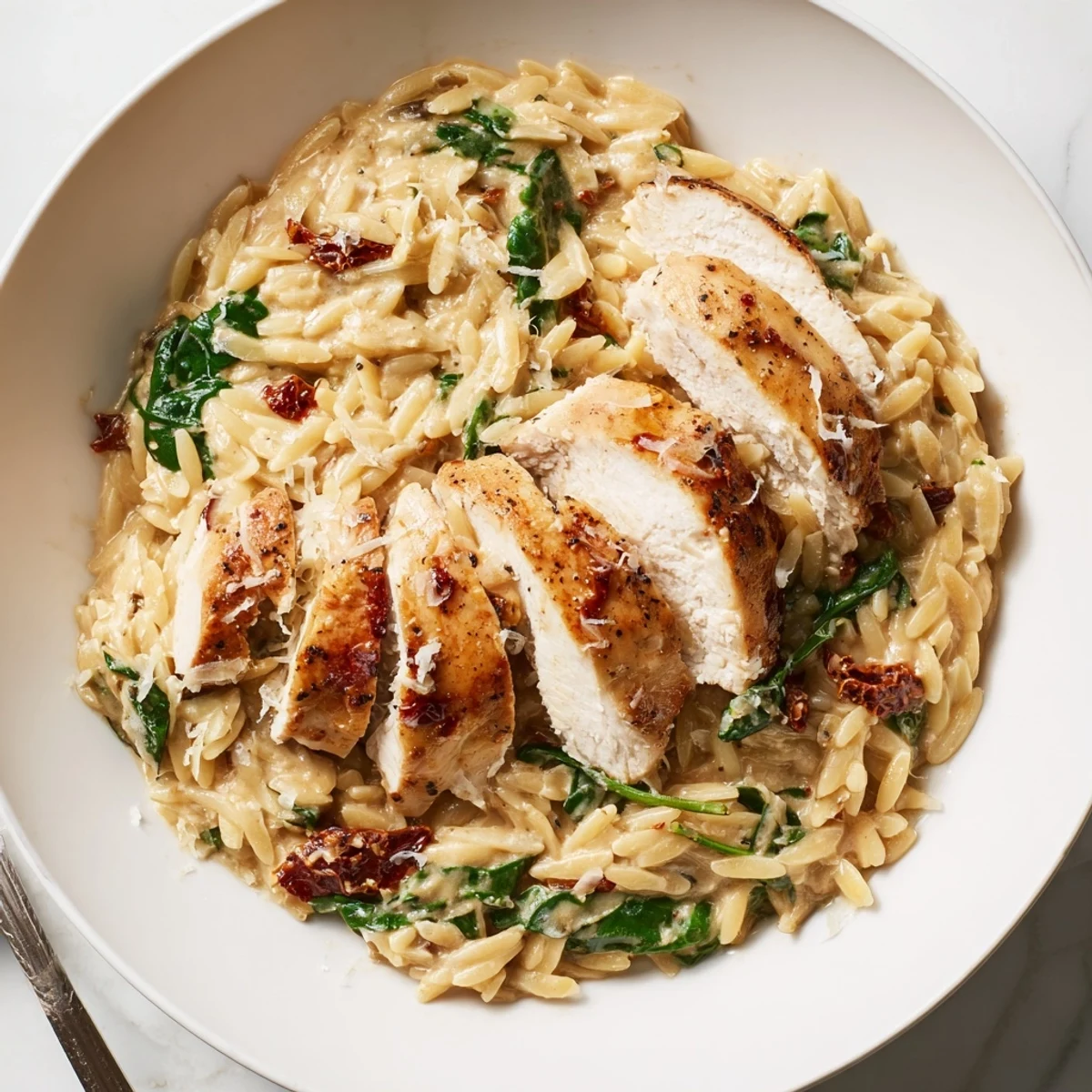 Golden seared chicken breasts nestled in cheesy orzo pasta with vibrant spinach and basil