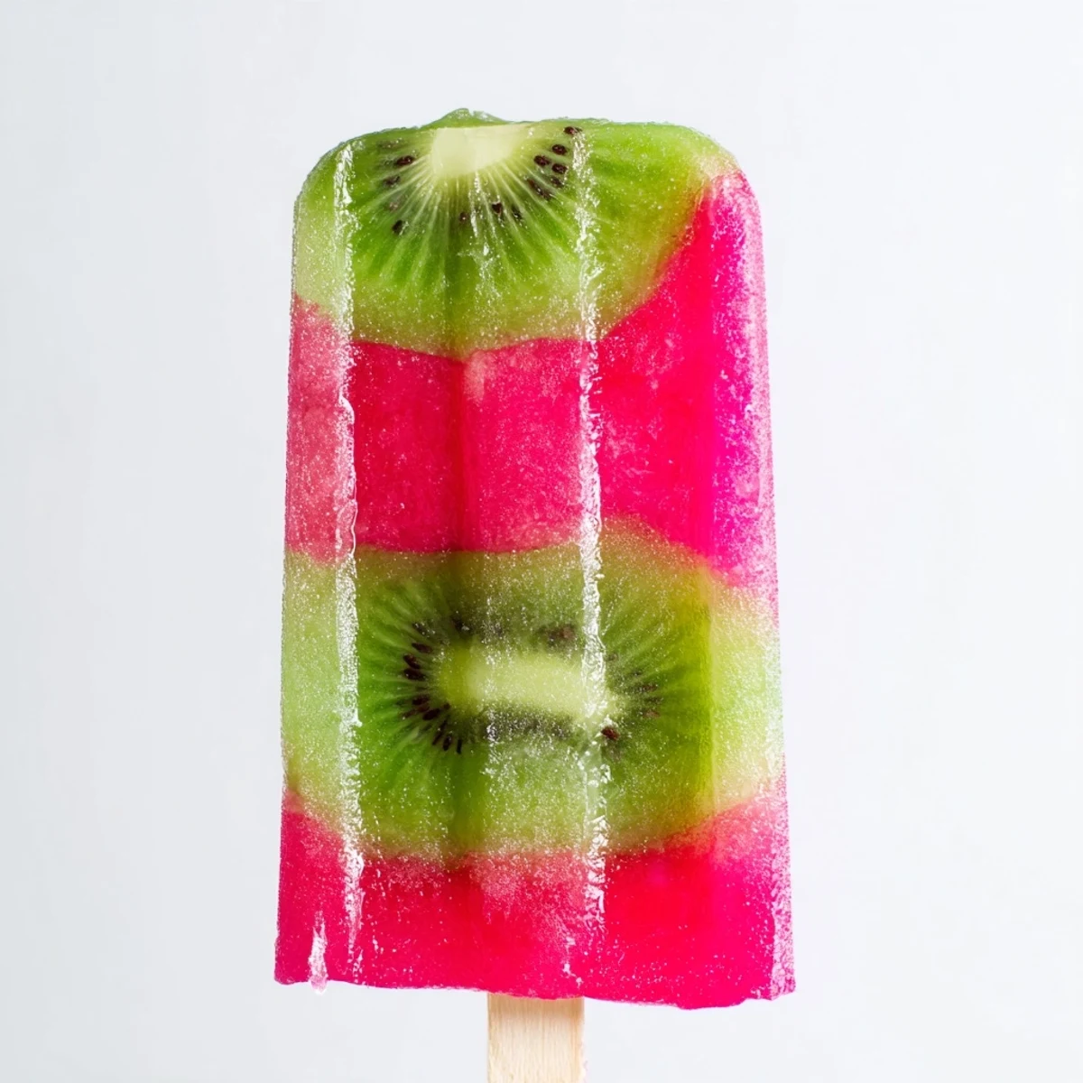Two-layer watermelon kiwi fruit popsicles showing vibrant pink and green frozen stripes