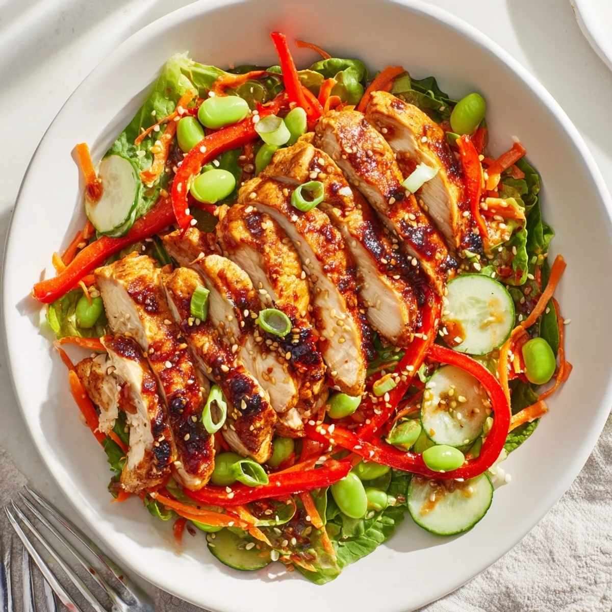Sesame Chicken Salad with glossy sesame glaze, crisp vegetables, and toasted seeds