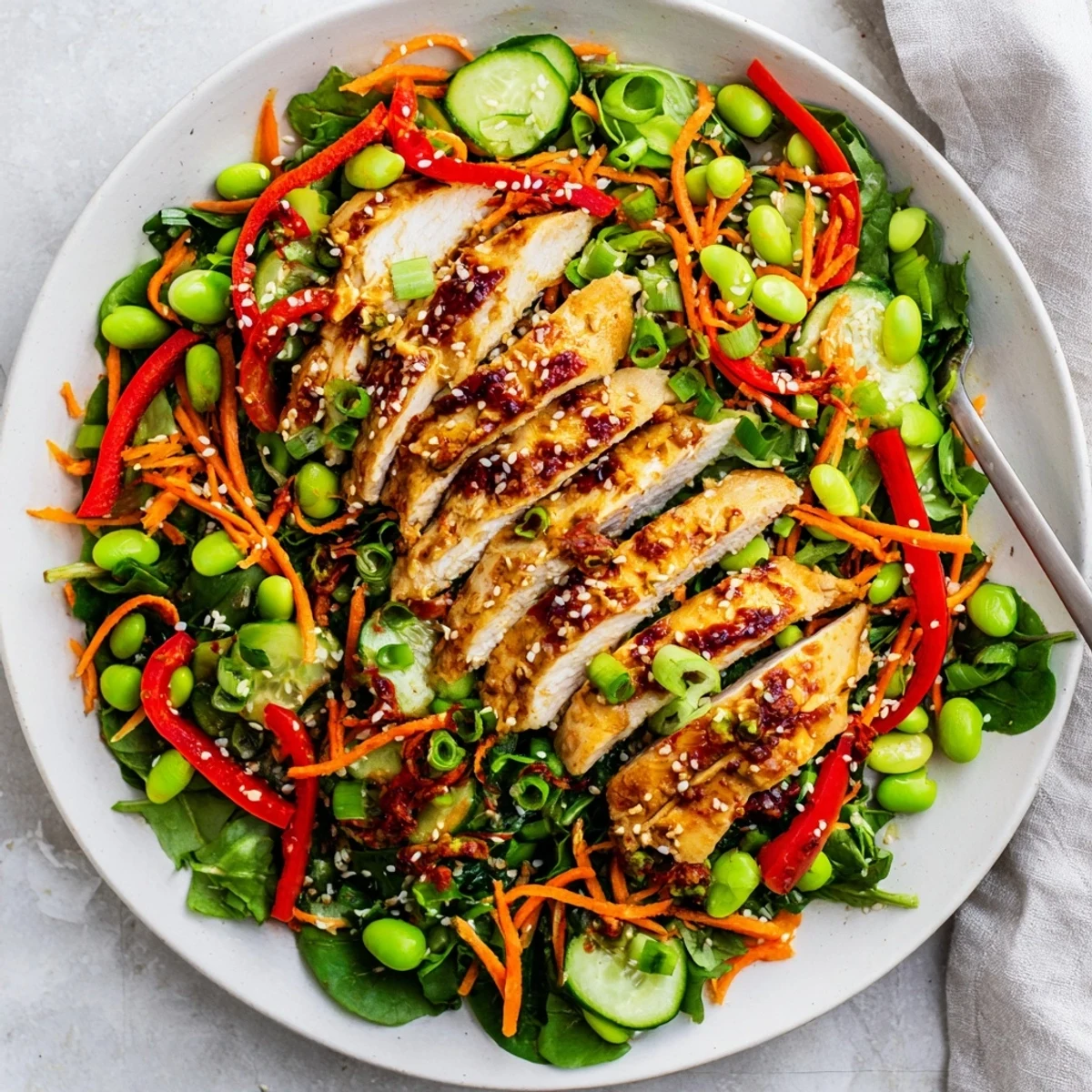 Sliced Sesame Chicken Salad on mixed greens, tangy dressing glistening, aromatic