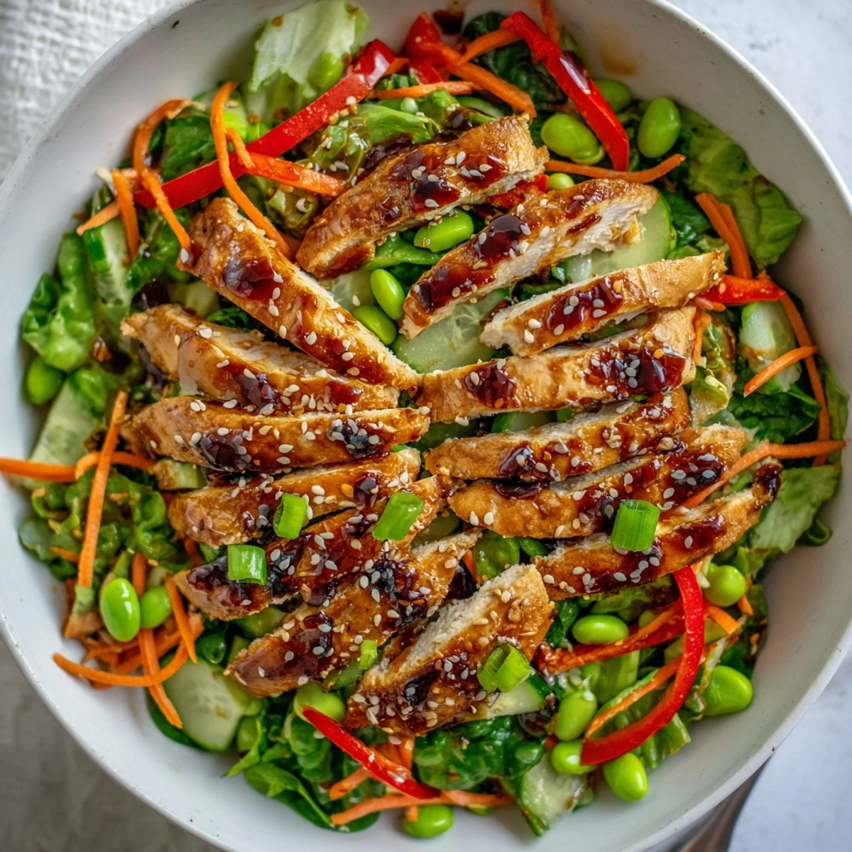 Grilled Sesame Chicken Salad served warm over greens, garnished with nutty crunch