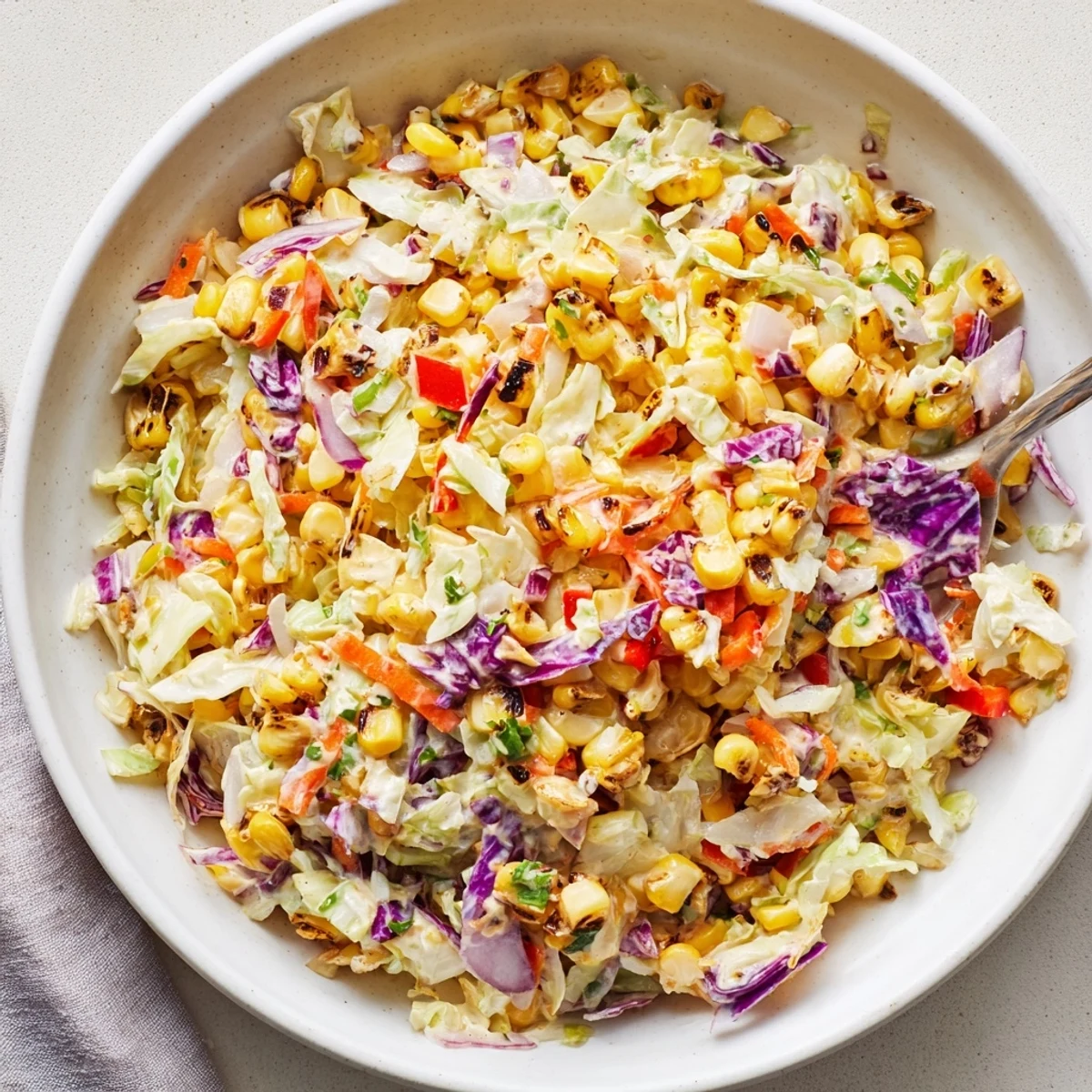 Chilled Mexican Corn Coleslaw topped with cilantro, jalapeño, ideal for tacos.