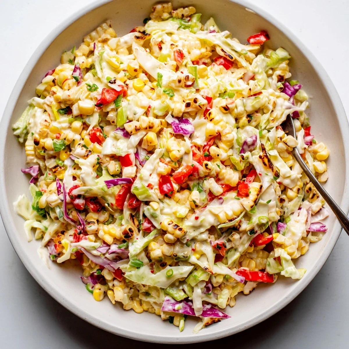 Mexican Corn Coleslaw with charred corn, crisp cabbage, zesty lime dressing.