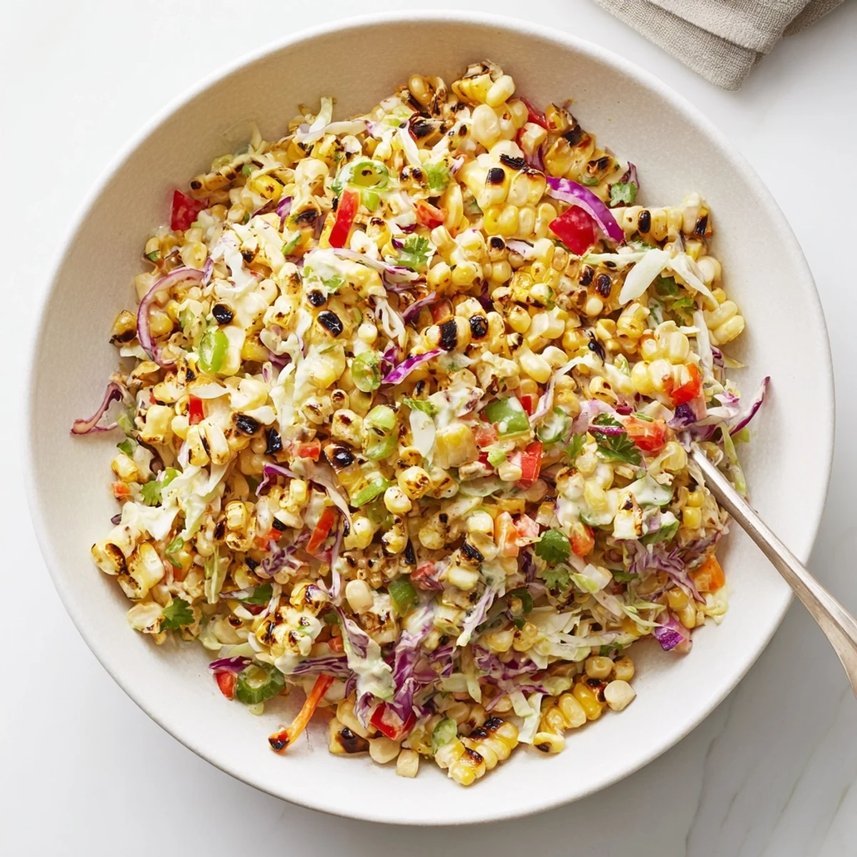 Creamy Mexican Corn Coleslaw; sweet corn, crunchy carrots, bright lime zing.