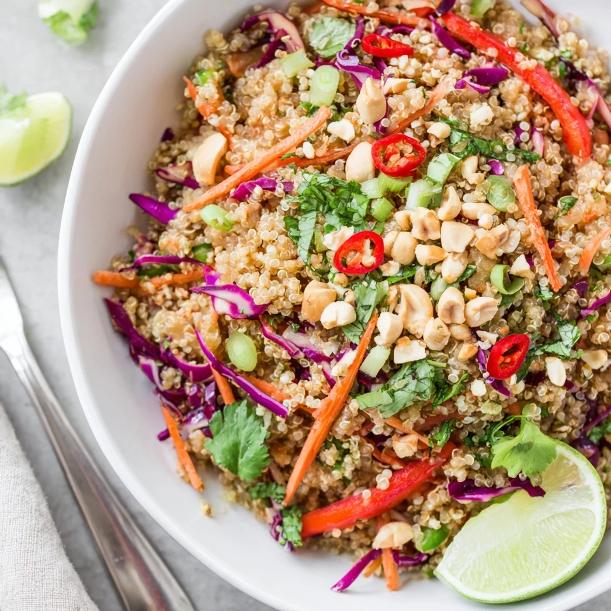 Thai Quinoa Crunch Salad with vibrant cabbage, carrots, and zesty peanut lime dressing