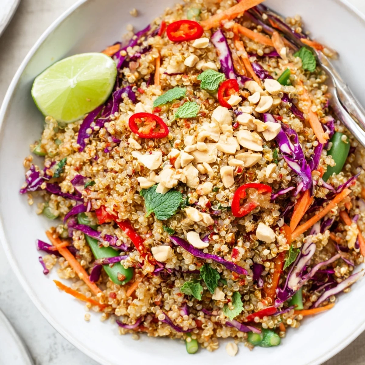 Colorful Thai Quinoa Crunch Salad tossed with fresh herbs, snap peas, crunchy carrots