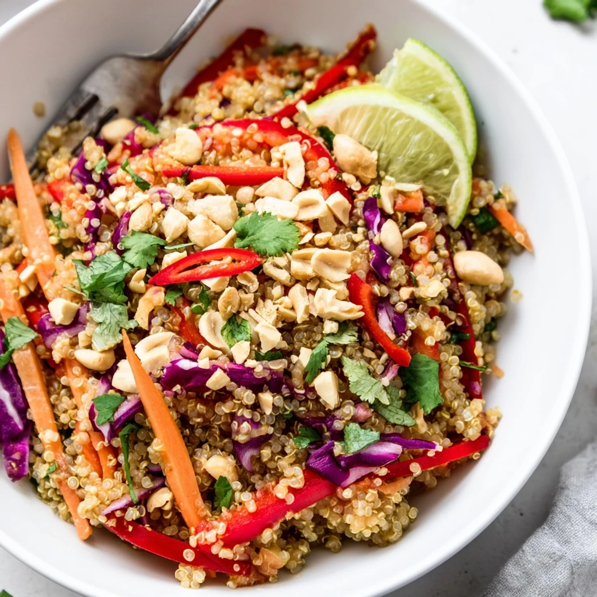 Bowl of Thai Quinoa Crunch Salad topped with chopped peanuts and lime wedge
