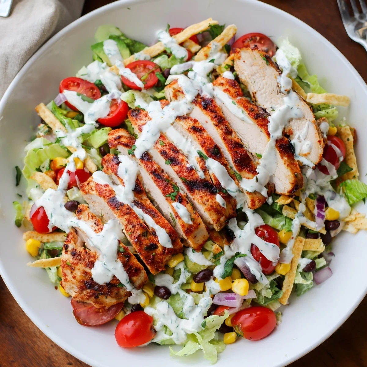 Spicy Southwest Salad With Spicy Ranch Dressing with grilled chicken and crunchy tortilla strips