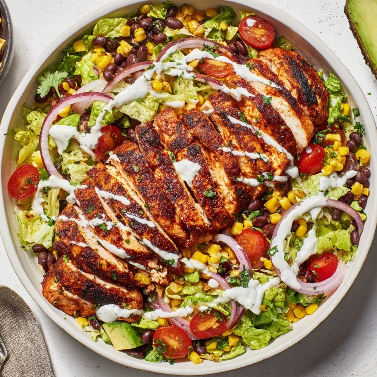 Spicy Southwest Salad With Spicy Ranch Dressing piled high with avocado and charred corn