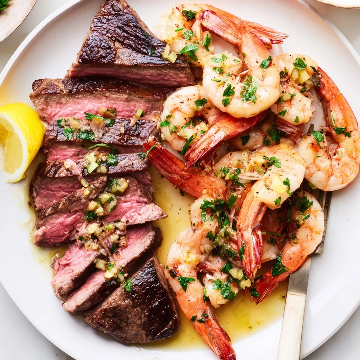 Juicy seared steak and garlic butter shrimp plated with fresh parsley and lemon wedges