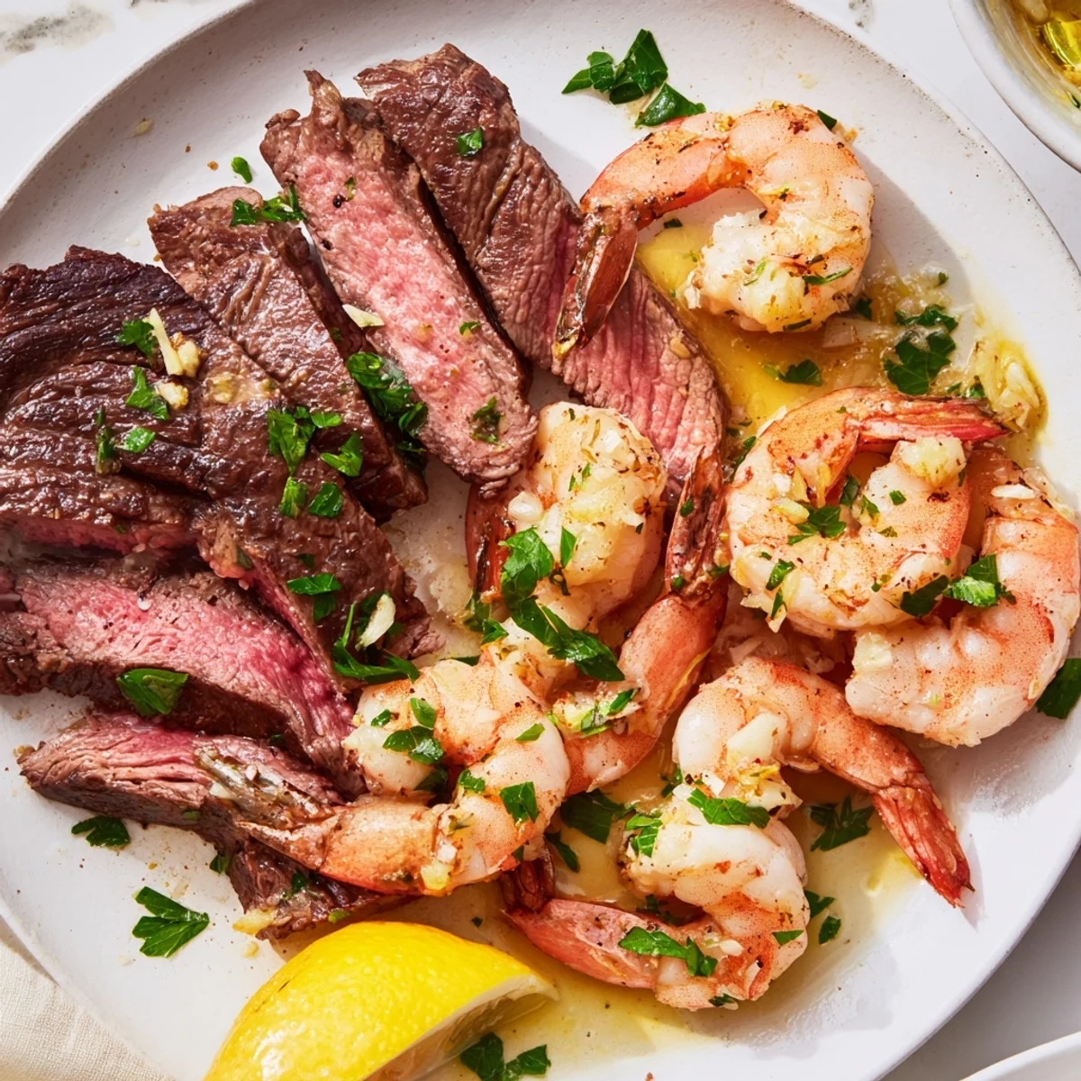Surf and turf steak and garlic butter shrimp served on a white dinner plate