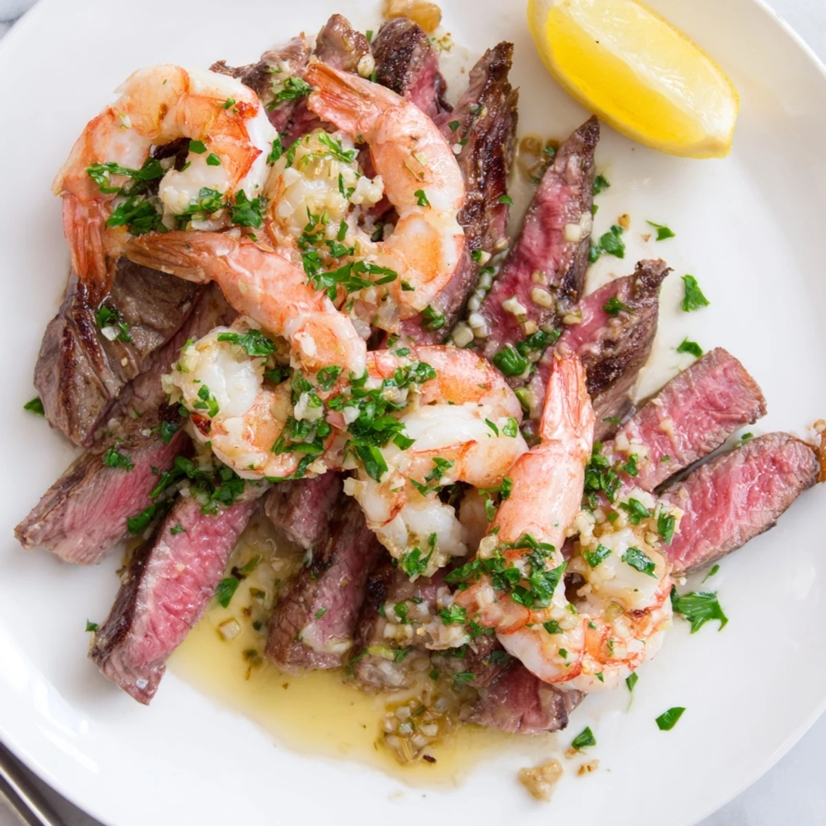 Golden pan-seared steak topped with tender garlic butter shrimp in a cast iron skillet