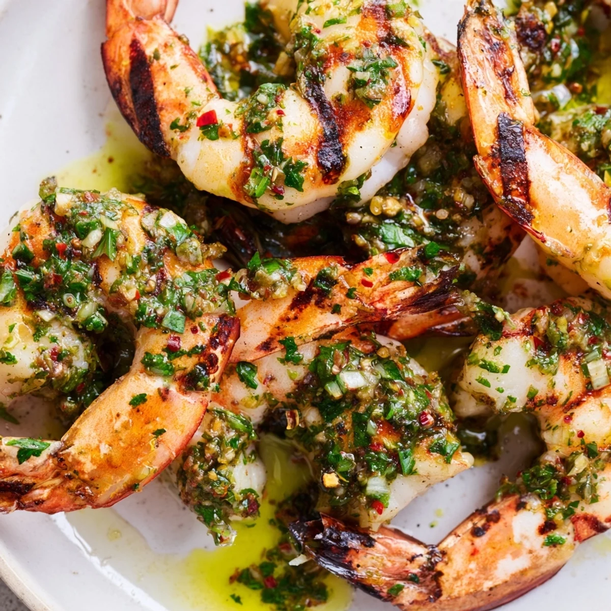 Sizzling chimichurri shrimp grilled to perfection with bright green herb sauce
