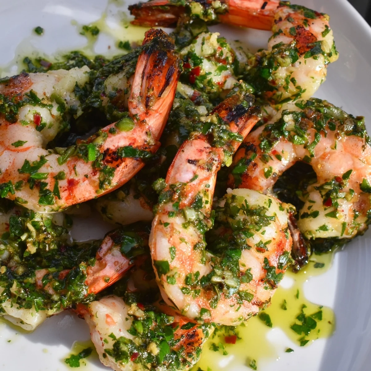 Plump chimichurri shrimp skewers charred on the grill with fresh parsley