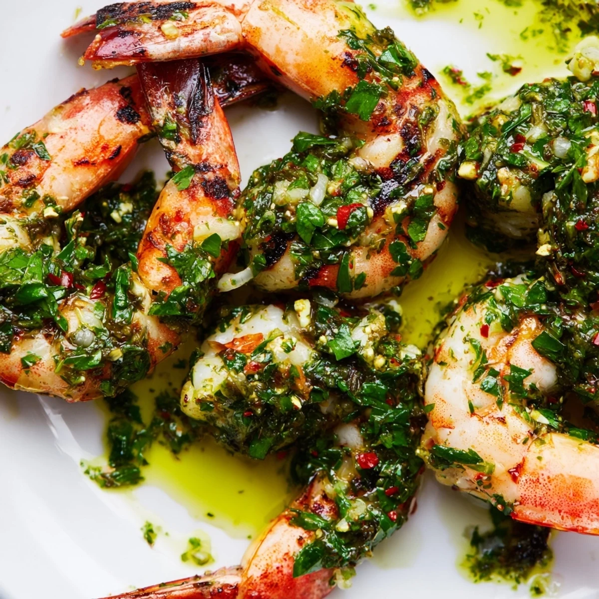 Golden grilled chimichurri shrimp drizzled with vibrant sauce and lemon wedges