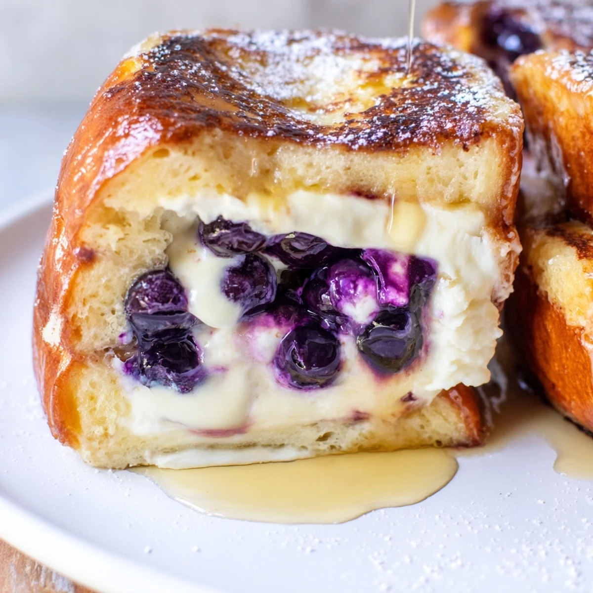 Thick slice of blueberry cheesecake stuffed French toast dusted with powdered sugar